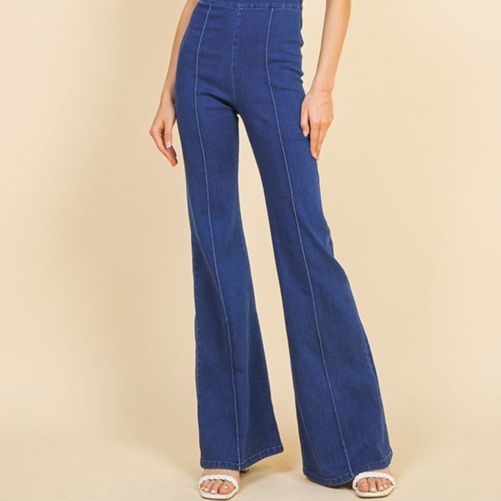 Atarty | MEDIUM INDIGO Wide Leg Denim Jumpsuit w/One Shoulder - Picture 5 of 9